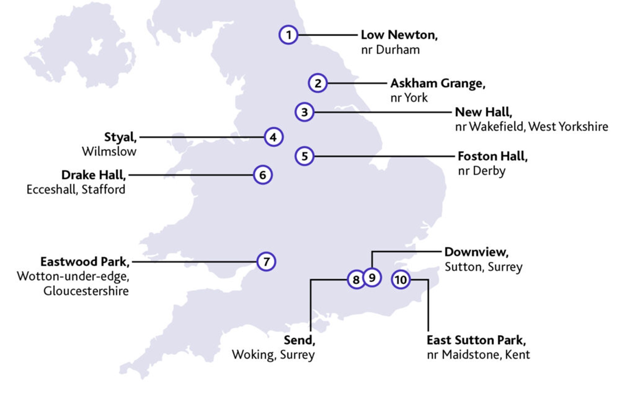 Diagram showing the location of the 10 womens prisons